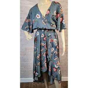 KorMei Gray Floral Long Maxi Dress Hi Low V-Neck Short Sleeve Flowy Party XL NWT